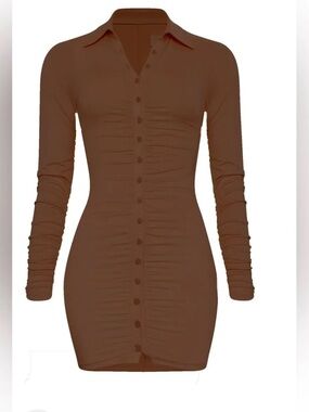 Leau Long Sleeve Ruched Button-Front Dark Tan Dress